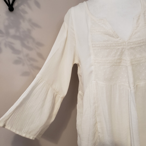CREPE PEASANT MESH FLOWY LONG SLEEVE CREAM TOP - Picture 5 of 16